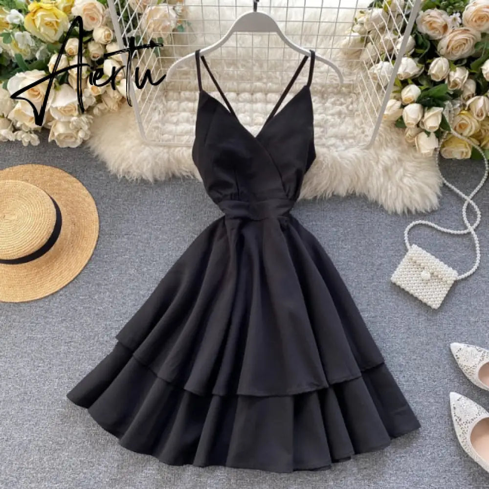 Summer Spring Beach Holiday V-Neck Backless Lace Up Ruffles Cakes Solid Elegant Women Lady A-line High Waist Dress Aiertu