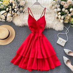 Summer Spring Beach Holiday V-Neck Backless Lace Up Ruffles Cakes Solid Elegant Women Lady A-line High Waist Dress Aiertu