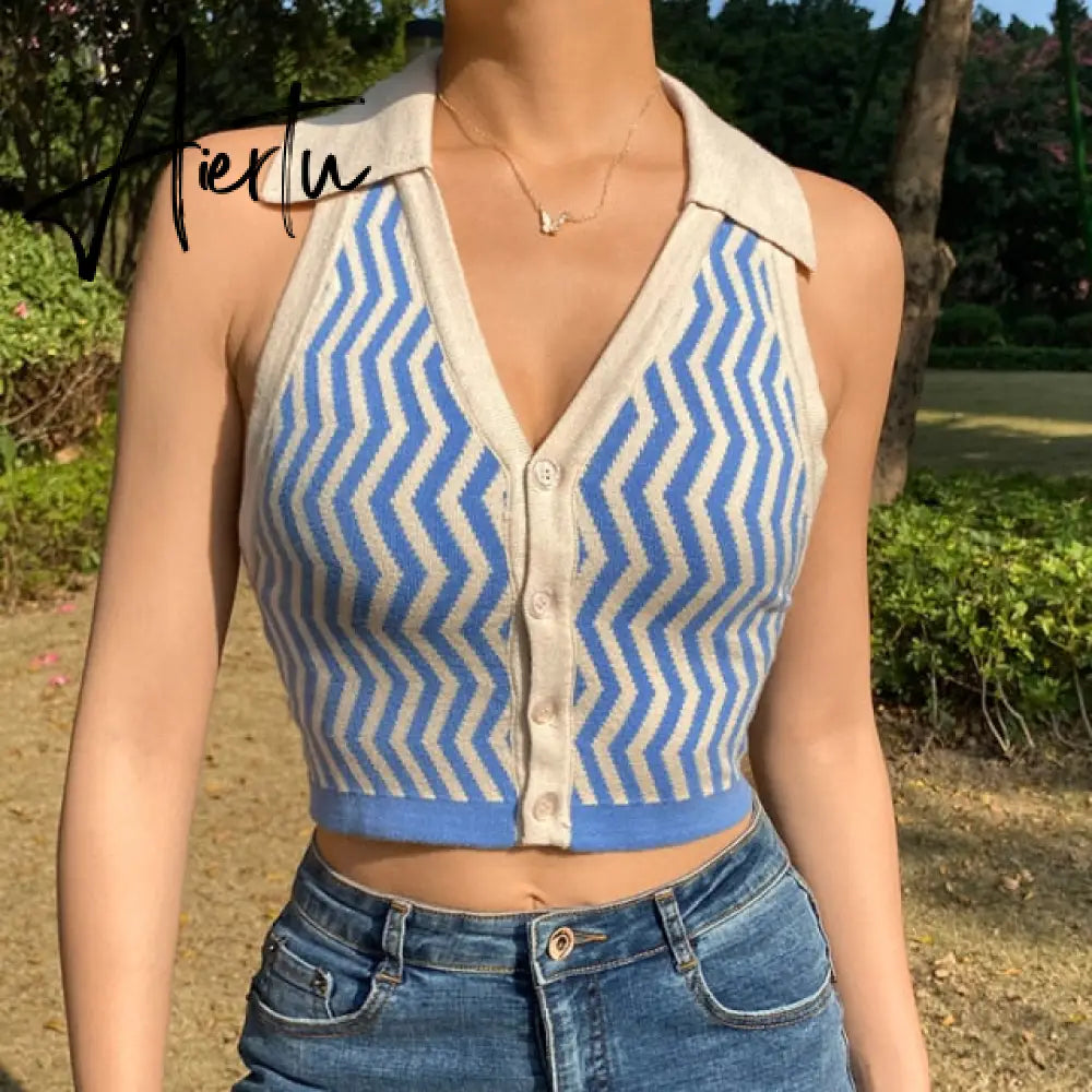 Summer Striped y2k Tops Halter Knitted Vest For Women Sexy Backless Slim Crop tops Outfits Female Tank Tops Streetwear Aiertu