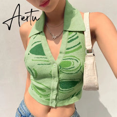 Summer Striped y2k Tops Halter Knitted Vest For Women Sexy Backless Slim Crop tops Outfits Female Tank Tops Streetwear Aiertu