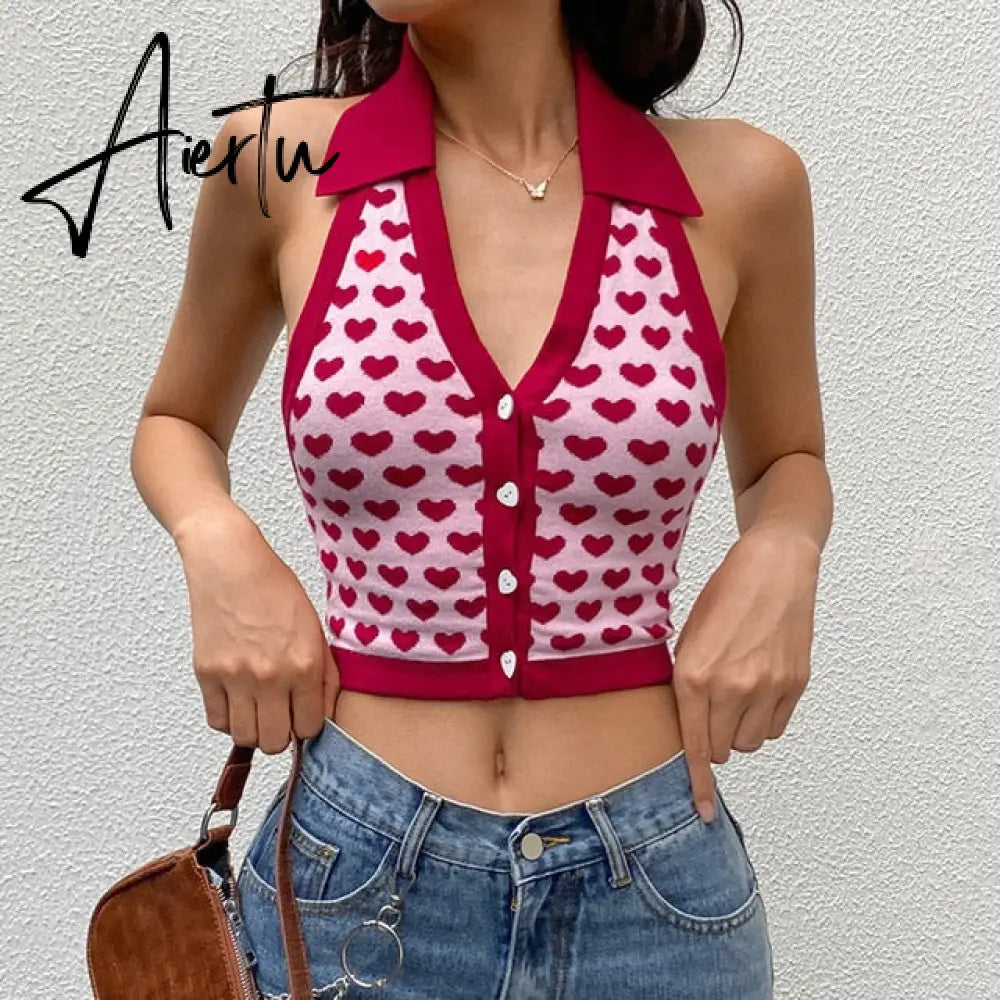 Summer Striped y2k Tops Halter Knitted Vest For Women Sexy Backless Slim Crop tops Outfits Female Tank Tops Streetwear Aiertu