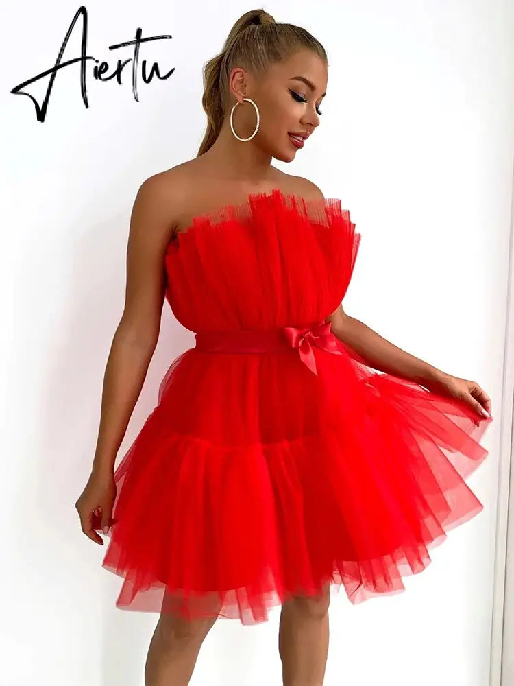 Summer Sweet  And Lovely Mini Dress One Line Collar Backless  Sexy Red Mesh  Dresses Group Birthday Party Fluffy Dress Aiertu