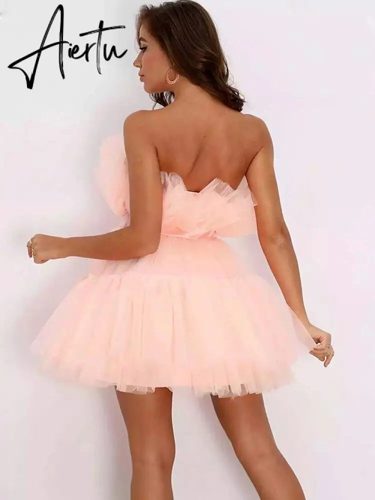 Summer Sweet  And Lovely Mini Dress One Line Collar Backless  Sexy Red Mesh  Dresses Group Birthday Party Fluffy Dress Aiertu