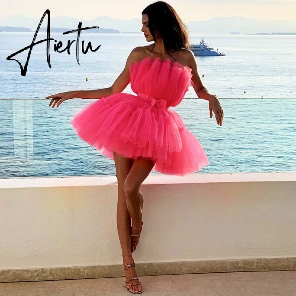 Summer Sweet  And Lovely Mini Dress One Line Collar Backless  Sexy Red Mesh  Dresses Group Birthday Party Fluffy Dress Aiertu