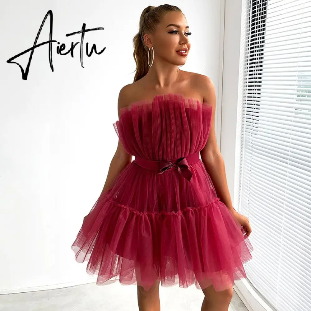 Summer Sweet  And Lovely Mini Dress One Line Collar Backless  Sexy Red Mesh  Dresses Group Birthday Party Fluffy Dress Aiertu