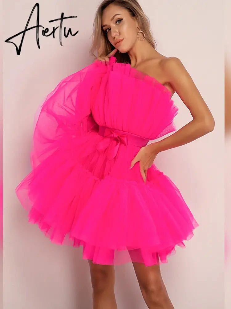 Summer Sweet  And Lovely Mini Dress One Line Collar Backless  Sexy Red Mesh  Dresses Group Birthday Party Fluffy Dress Aiertu