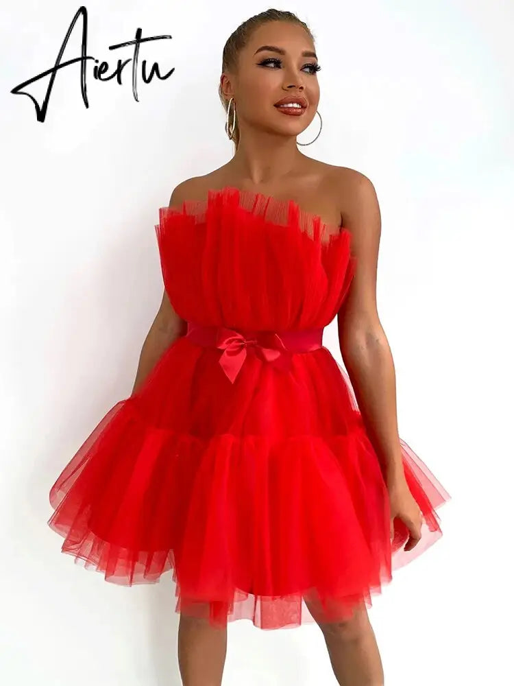 Summer Sweet  And Lovely Mini Dress One Line Collar Backless  Sexy Red Mesh  Dresses Group Birthday Party Fluffy Dress Aiertu