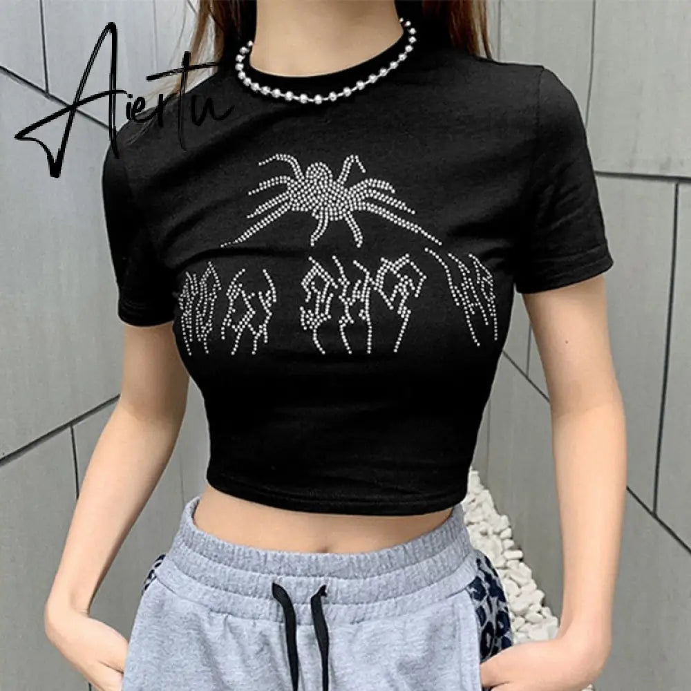 Summer Tank Tops Punk Vintage Rhinestone Spider Graphic Black Vest Gothic Style O-neck Short Sleeve Crop Top Women Slim Tanks Aiertu