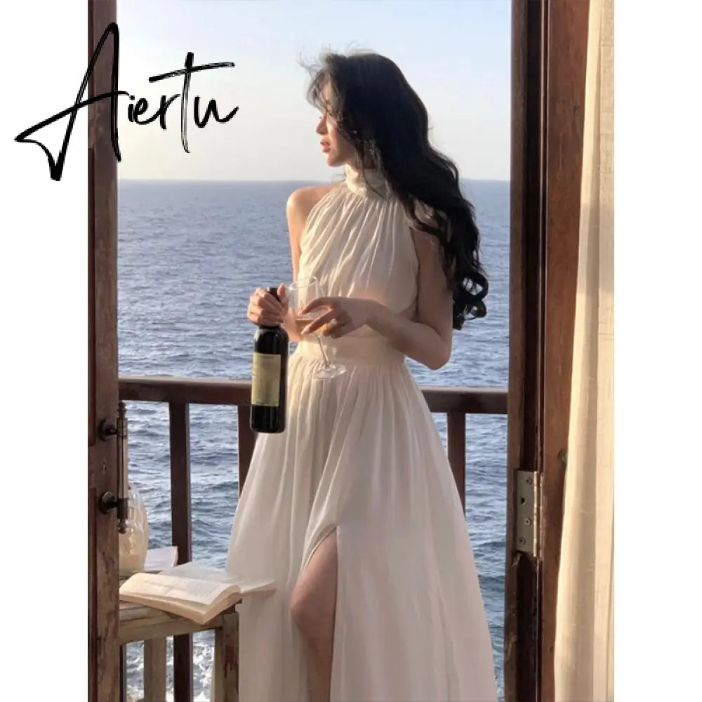 Summer Turtleneck Beach Party Midi Dress Women Casual Elegant Sleeveless Dress Office Lady Pure Color One Piece Dress Korea Aiertu