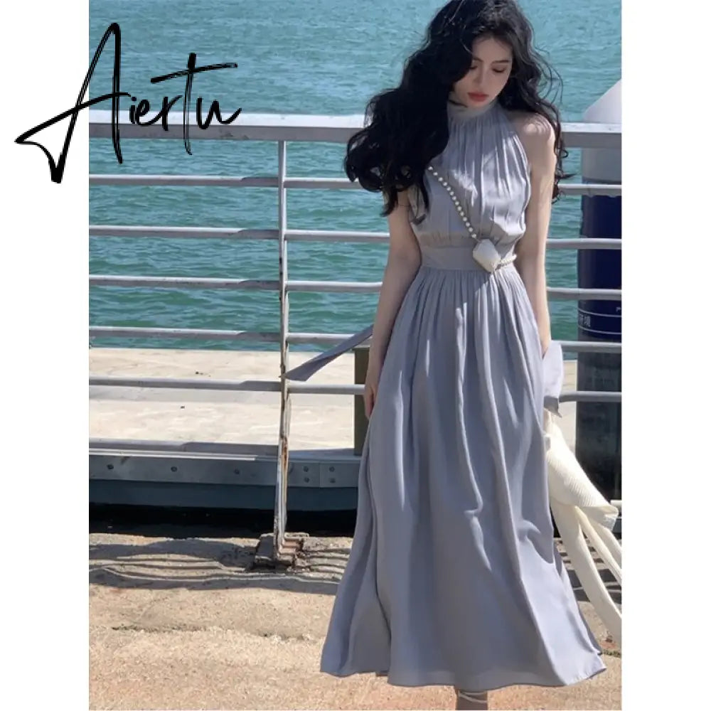 Summer Turtleneck Beach Party Midi Dress Women Casual Elegant Sleeveless Dress Office Lady Pure Color One Piece Dress Korea Aiertu