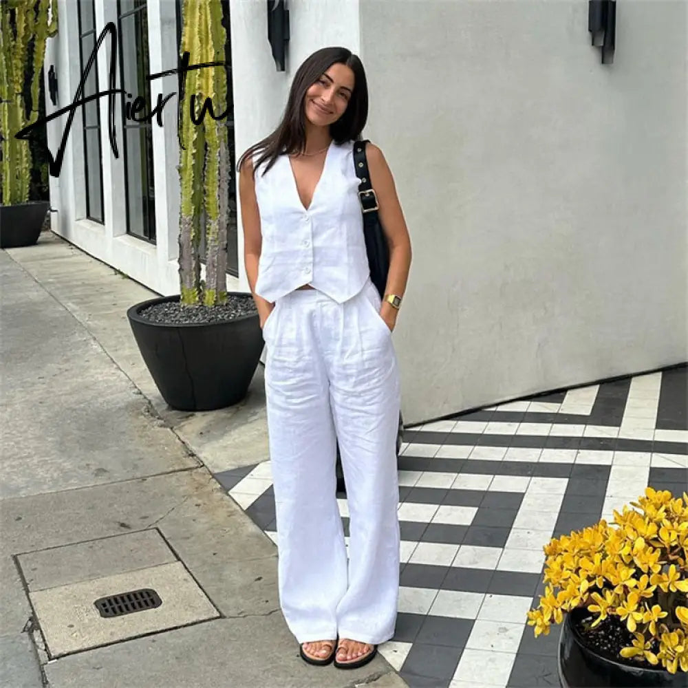 Summer White Linen Two Piece Set For Women Fashion Sleeveless Tank Top Waistcoat Matching High Waist Wide Pants Set Aiertu