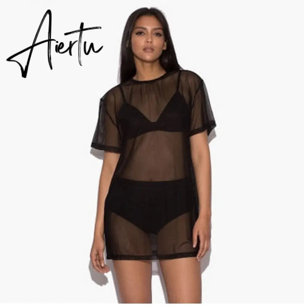 Summer Women Beach Swimsuit Cover Up Sexy Mesh Sheer Bikini Beach Cover Up Swimsuit Bathing Loose Bikini Tops swimwear New Aiertu