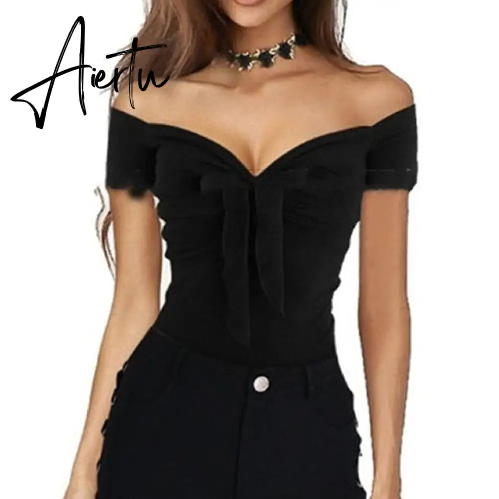 Summer Women Casual Beach Party Stretch Slim Fitted Tee T-Shirt Women Sexy Off Shoulder V-neck Bow Cotton Tops Aiertu