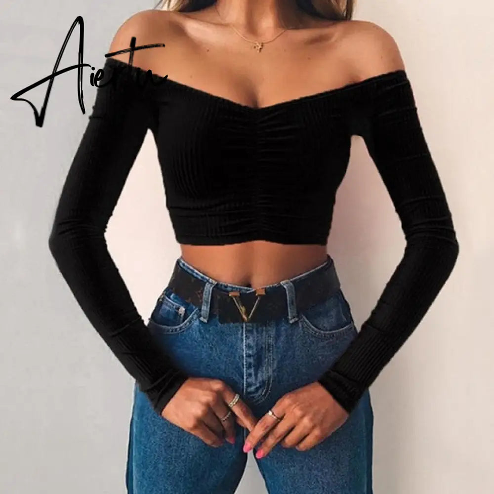 Summer Women Casual Beach Party Stretch Slim Fitted Tee T-Shirt Women Sexy Off Shoulder V-neck Bow Cotton Tops Aiertu