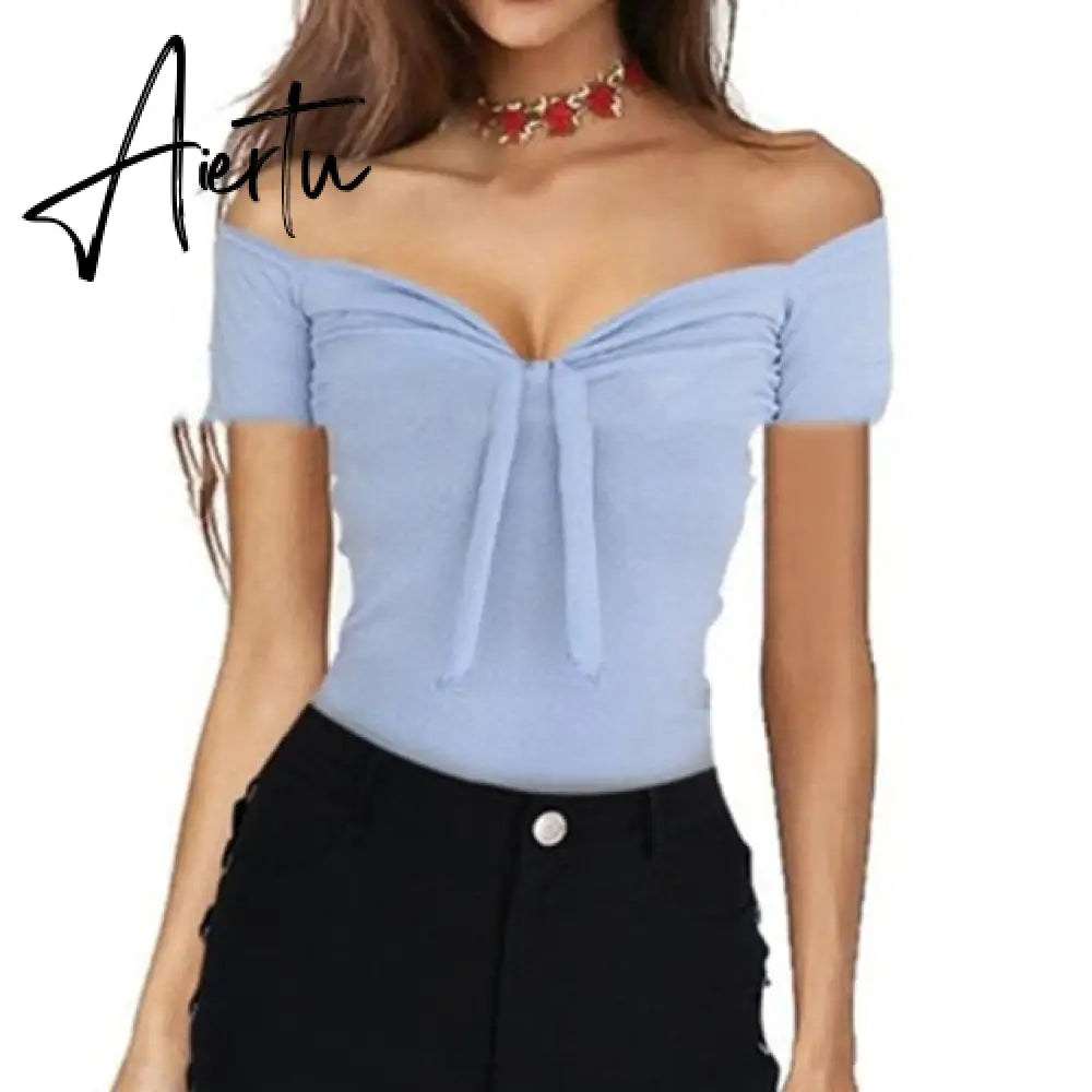 Summer Women Casual Beach Party Stretch Slim Fitted Tee T-Shirt Women Sexy Off Shoulder V-neck Bow Cotton Tops Aiertu