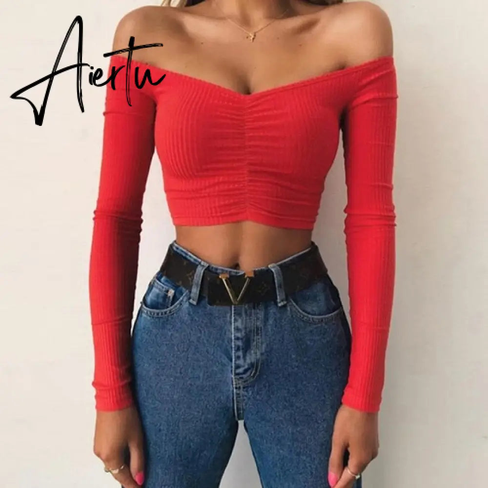Summer Women Casual Beach Party Stretch Slim Fitted Tee T-Shirt Women Sexy Off Shoulder V-neck Bow Cotton Tops Aiertu