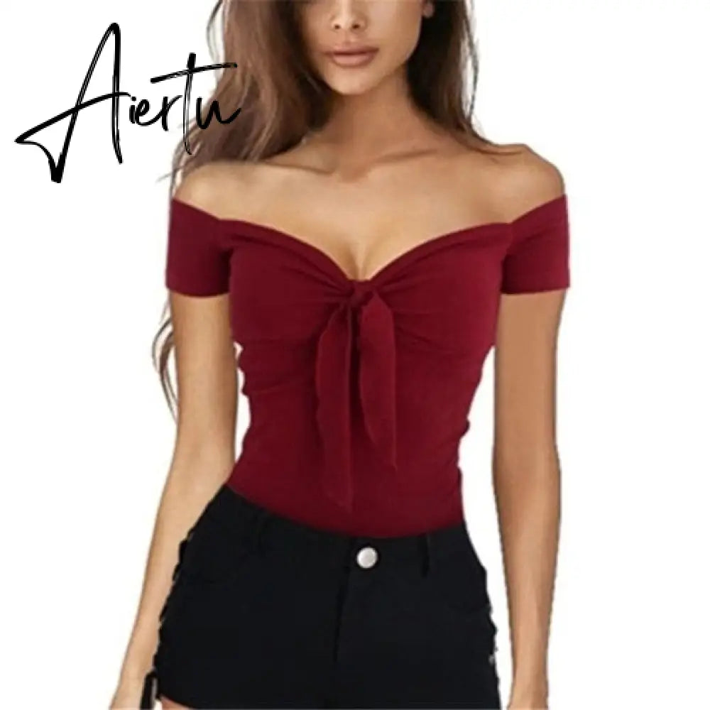 Summer Women Casual Beach Party Stretch Slim Fitted Tee T-Shirt Women Sexy Off Shoulder V-neck Bow Cotton Tops Aiertu