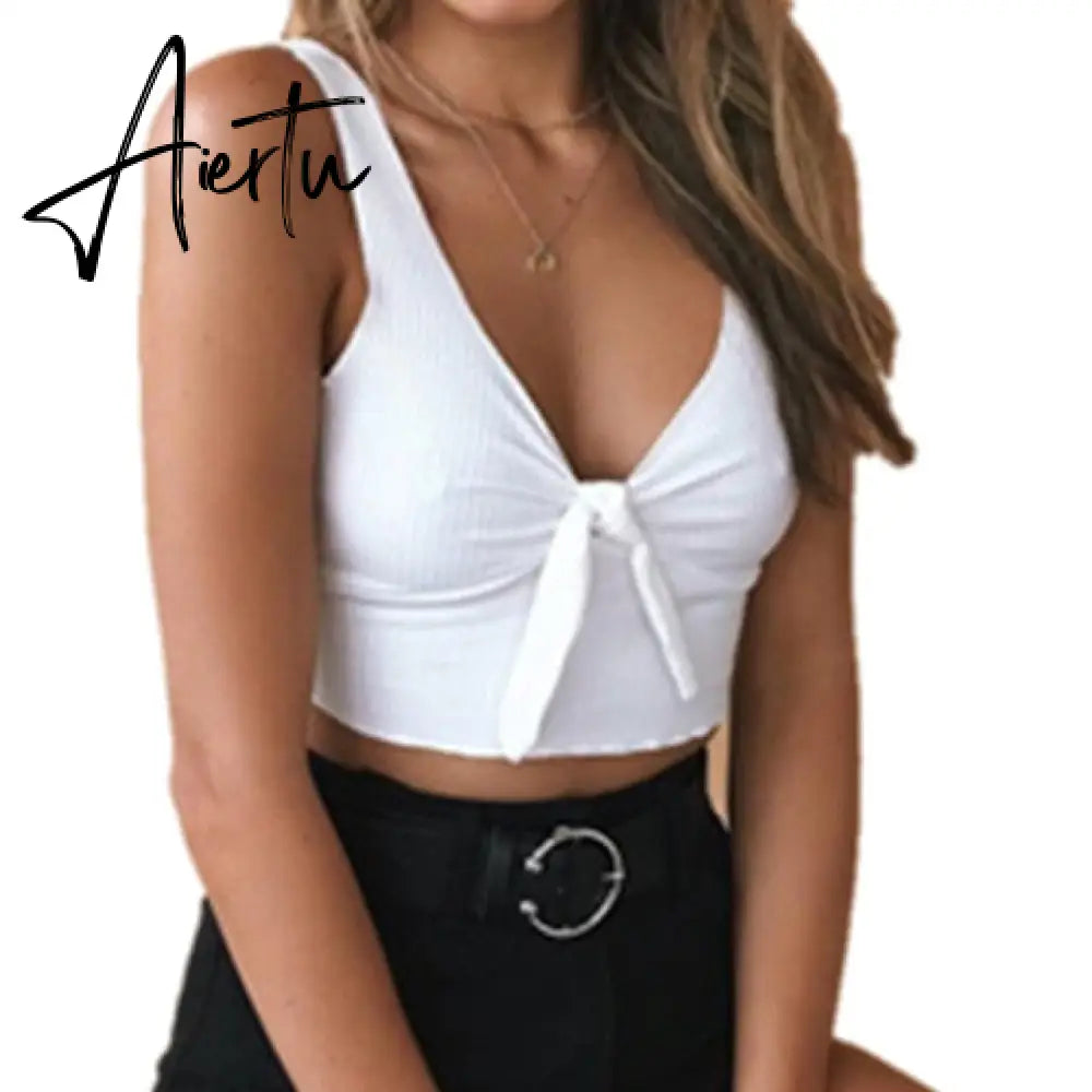 Summer Women Casual Beach Party Stretch Slim Fitted Tee T-Shirt Women Sexy Off Shoulder V-neck Bow Cotton Tops Aiertu
