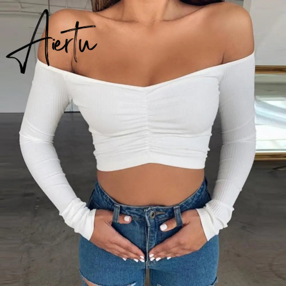 Summer Women Casual Beach Party Stretch Slim Fitted Tee T-Shirt Women Sexy Off Shoulder V-neck Bow Cotton Tops Aiertu