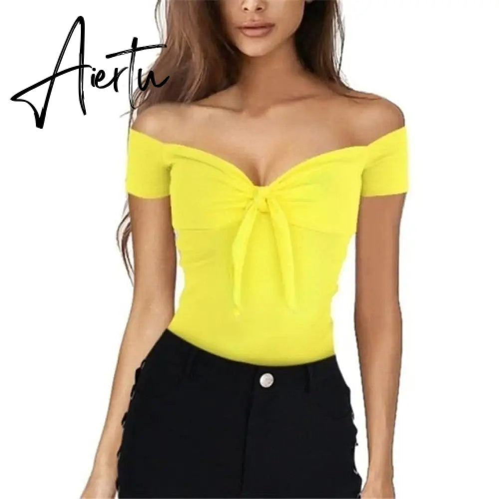 Summer Women Casual Beach Party Stretch Slim Fitted Tee T-Shirt Women Sexy Off Shoulder V-neck Bow Cotton Tops Aiertu