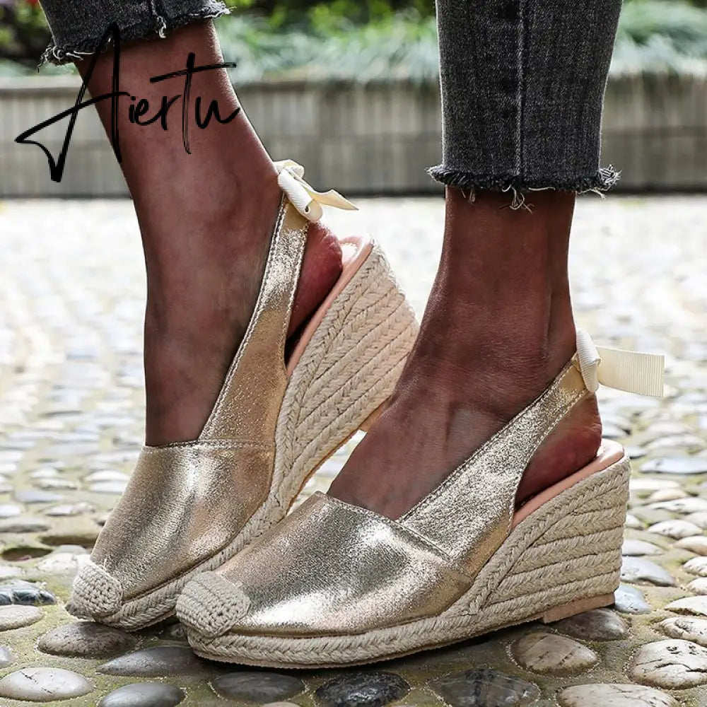 Summer Women High Wedge Heels Espadrille Soled Sandals Slippers Shoes Female Bowknot Gladiator Slingback Sandals Slippers Shoes Aiertu