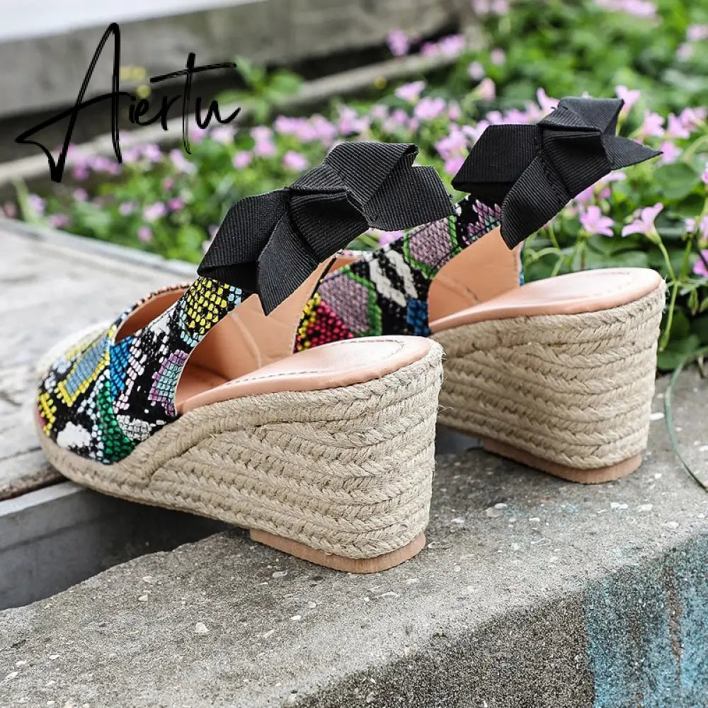 Summer Women High Wedge Heels Espadrille Soled Sandals Slippers Shoes Female Bowknot Gladiator Slingback Sandals Slippers Shoes Aiertu