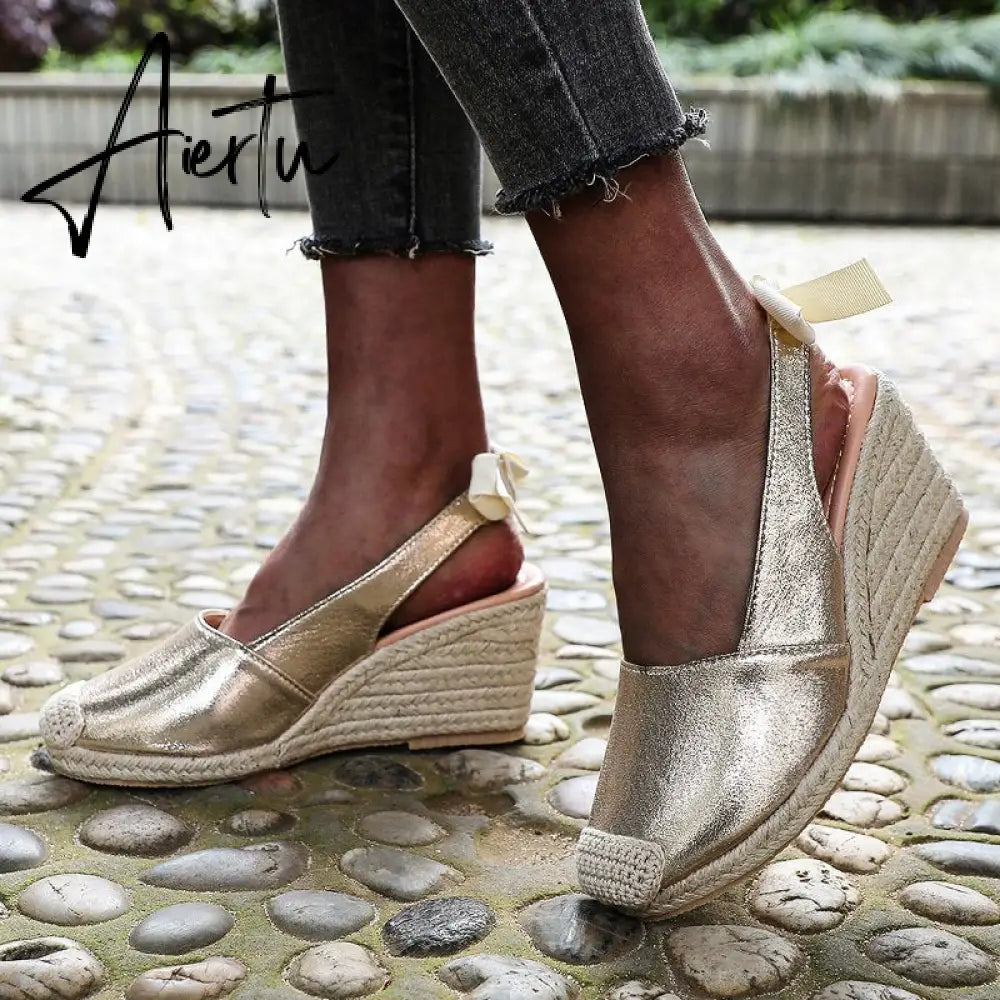 Summer Women High Wedge Heels Espadrille Soled Sandals Slippers Shoes Female Bowknot Gladiator Slingback Sandals Slippers Shoes Aiertu