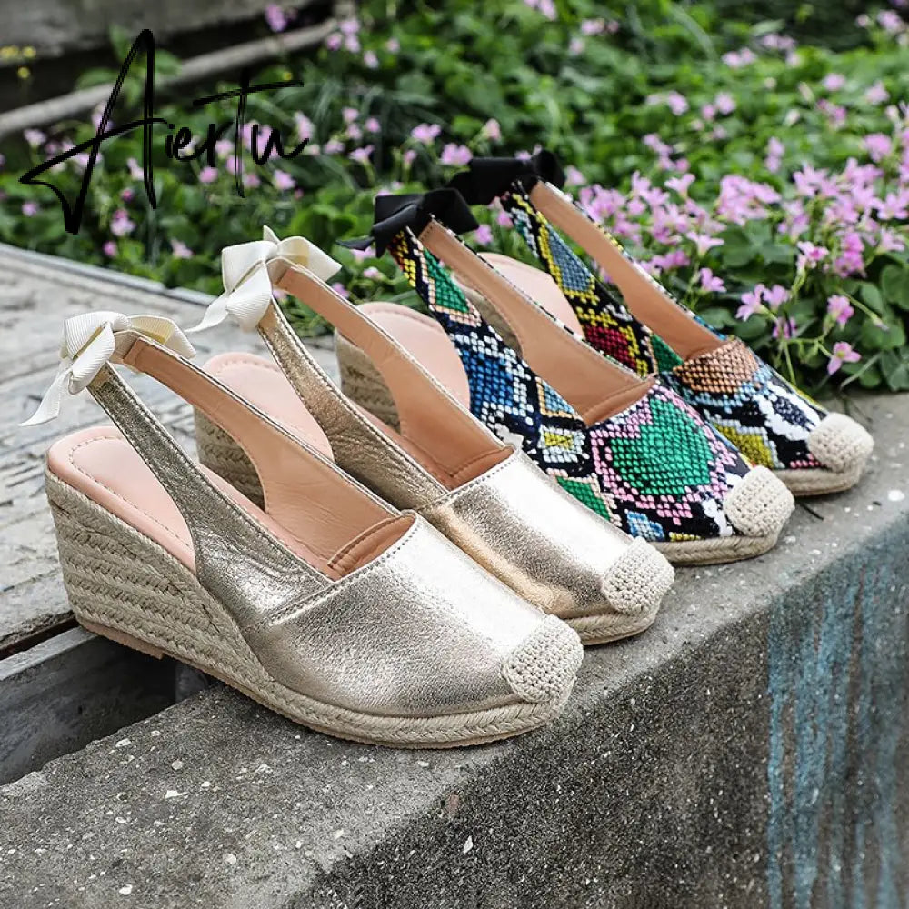 Summer Women High Wedge Heels Espadrille Soled Sandals Slippers Shoes Female Bowknot Gladiator Slingback Sandals Slippers Shoes Aiertu