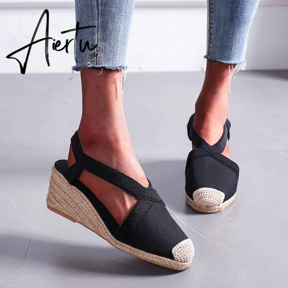Summer Women High Wedge Heels Espadrille Soled Sandals Slippers Shoes Female Bowknot Gladiator Slingback Sandals Slippers Shoes Aiertu