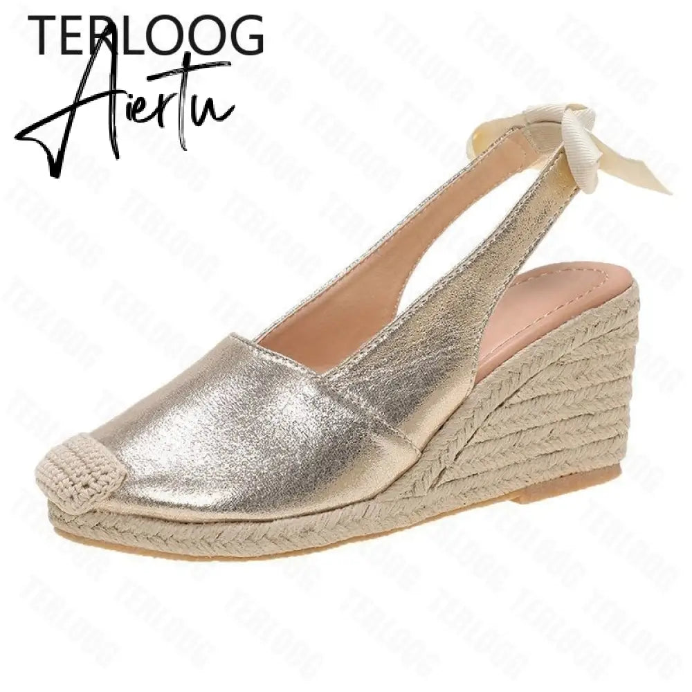 Summer Women High Wedge Heels Espadrille Soled Sandals Slippers Shoes Female Bowknot Gladiator Slingback Sandals Slippers Shoes Aiertu
