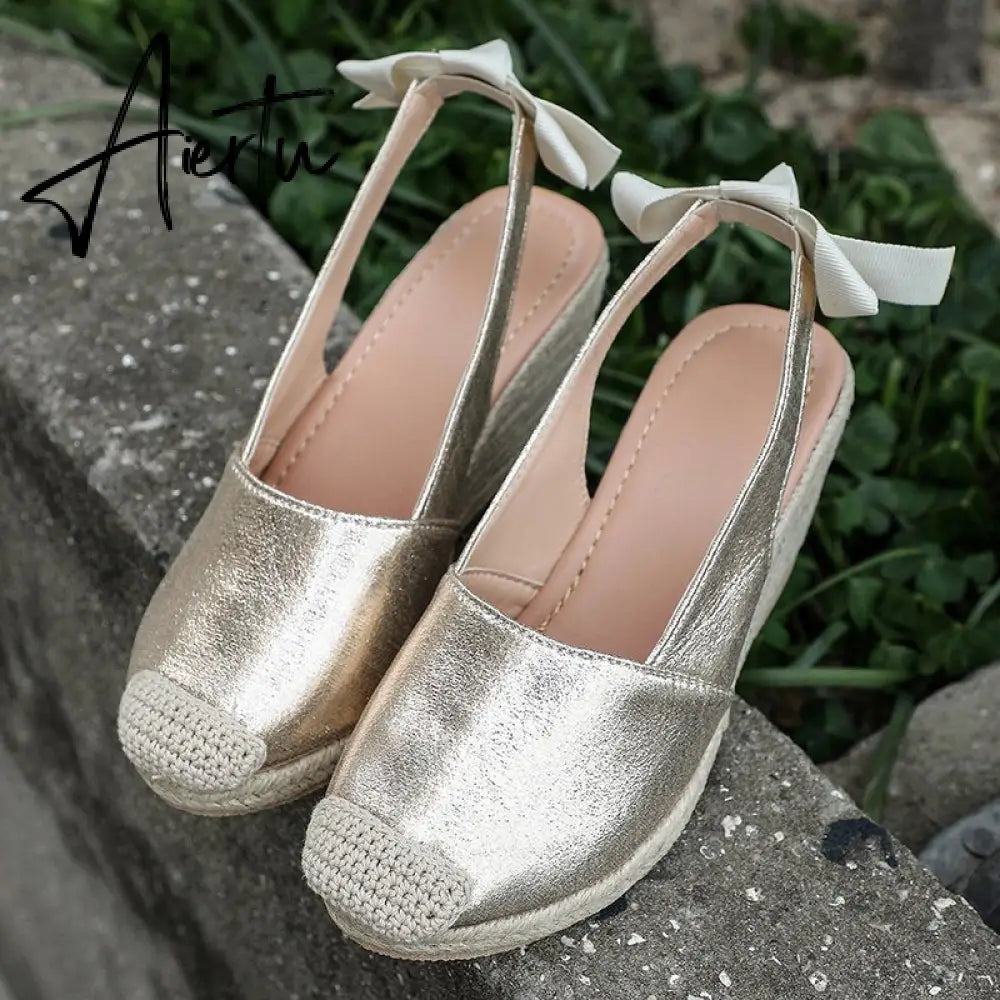 Summer Women High Wedge Heels Espadrille Soled Sandals Slippers Shoes Female Bowknot Gladiator Slingback Sandals Slippers Shoes Aiertu