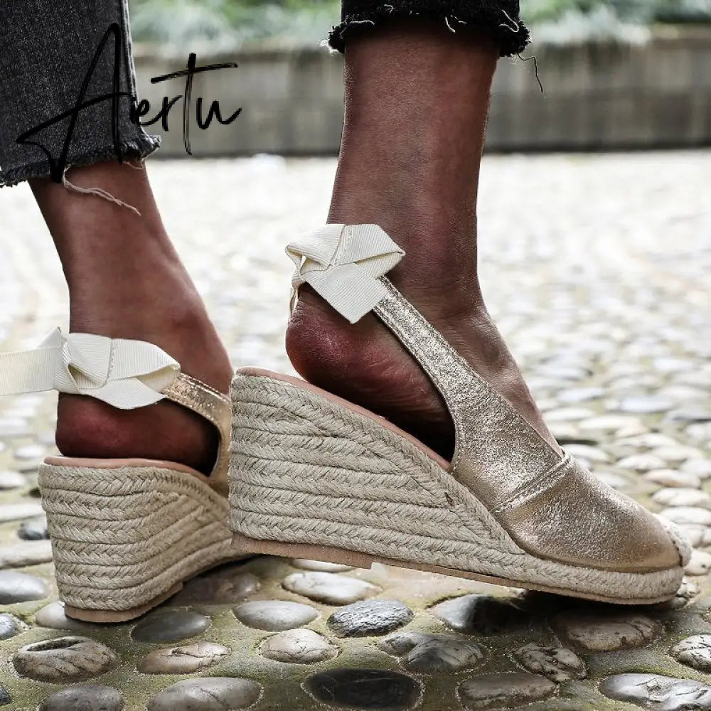 Summer Women High Wedge Heels Espadrille Soled Sandals Slippers Shoes Female Bowknot Gladiator Slingback Sandals Slippers Shoes Aiertu