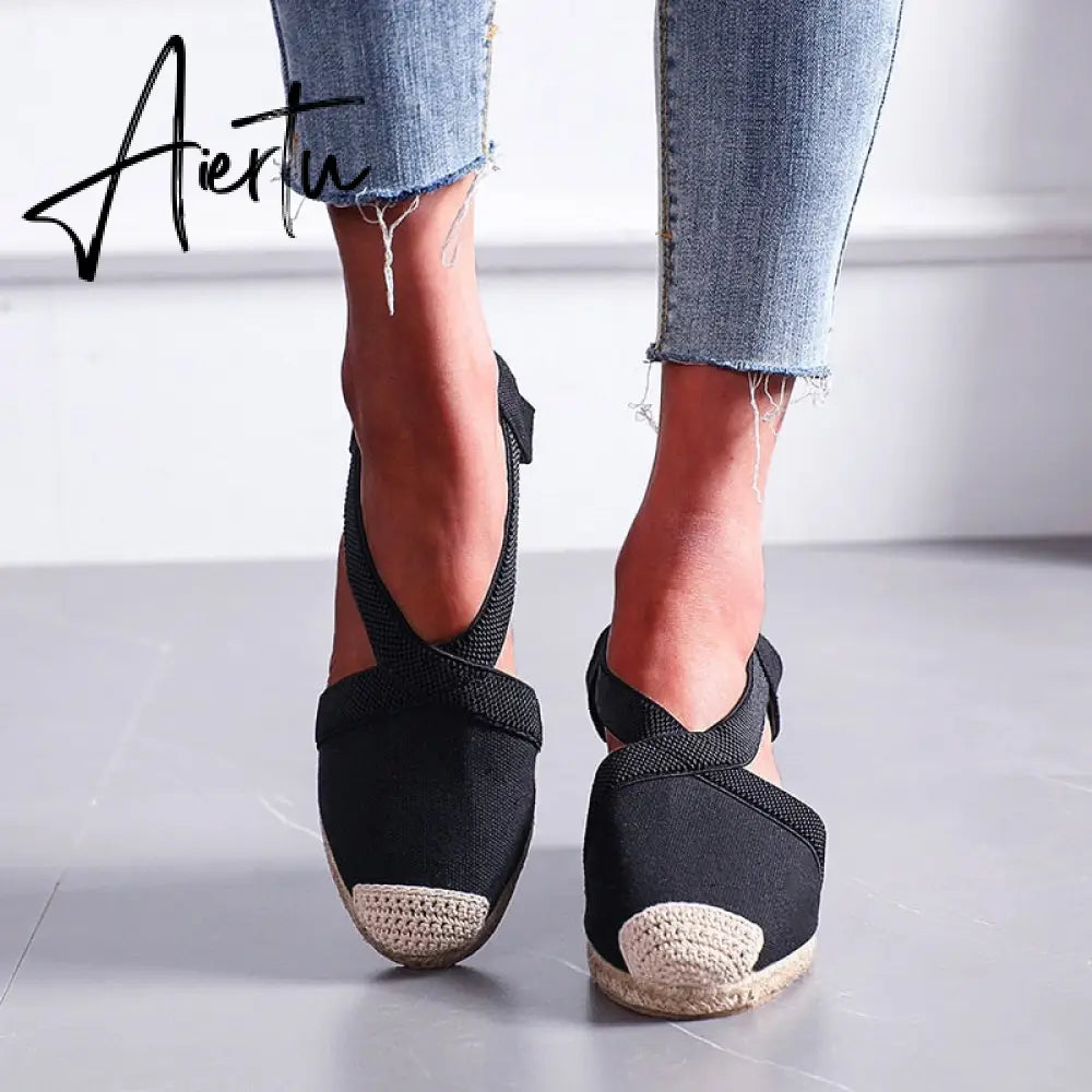 Summer Women High Wedge Heels Espadrille Soled Sandals Slippers Shoes Female Bowknot Gladiator Slingback Sandals Slippers Shoes Aiertu