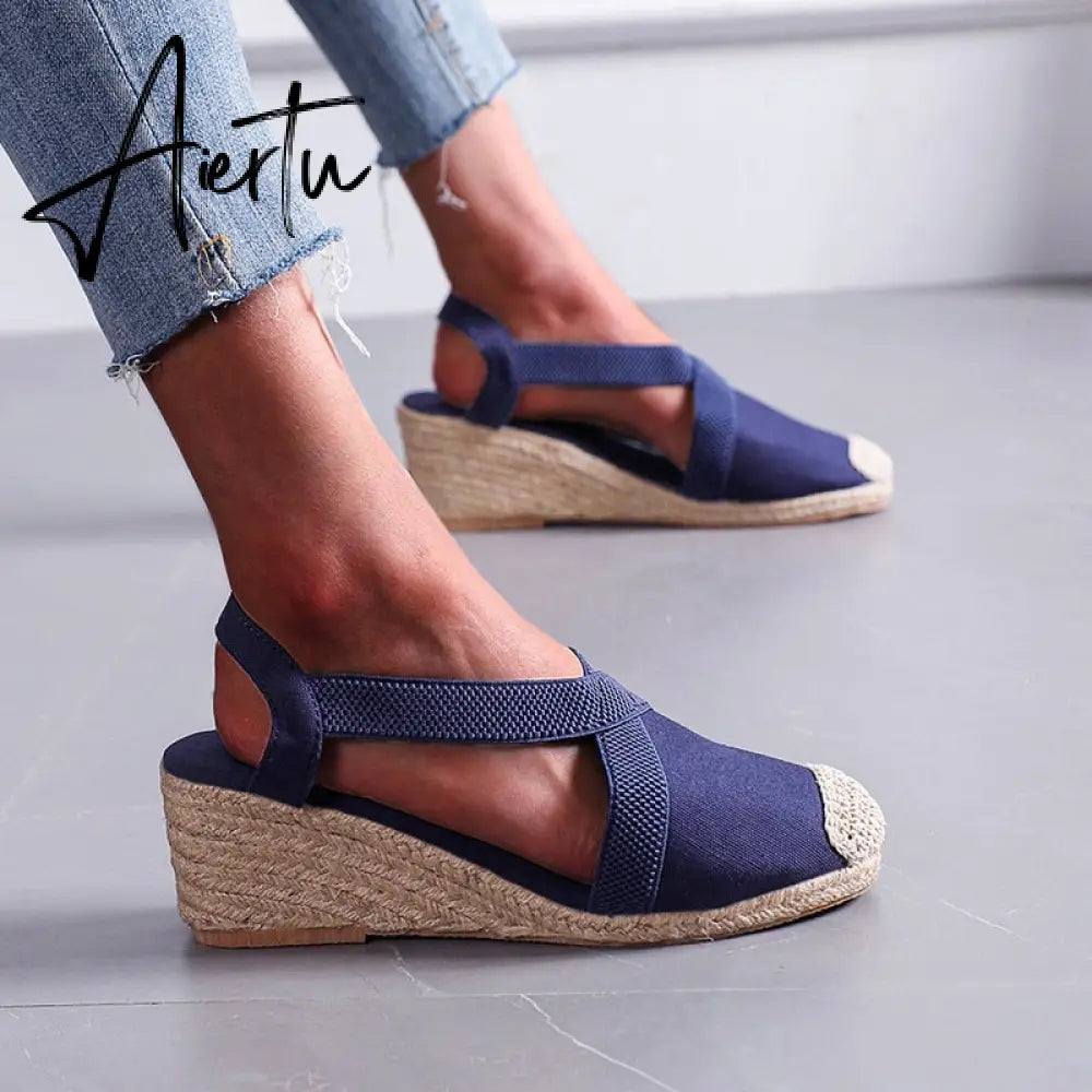 Summer Women High Wedge Heels Espadrille Soled Sandals Slippers Shoes Female Bowknot Gladiator Slingback Sandals Slippers Shoes Aiertu