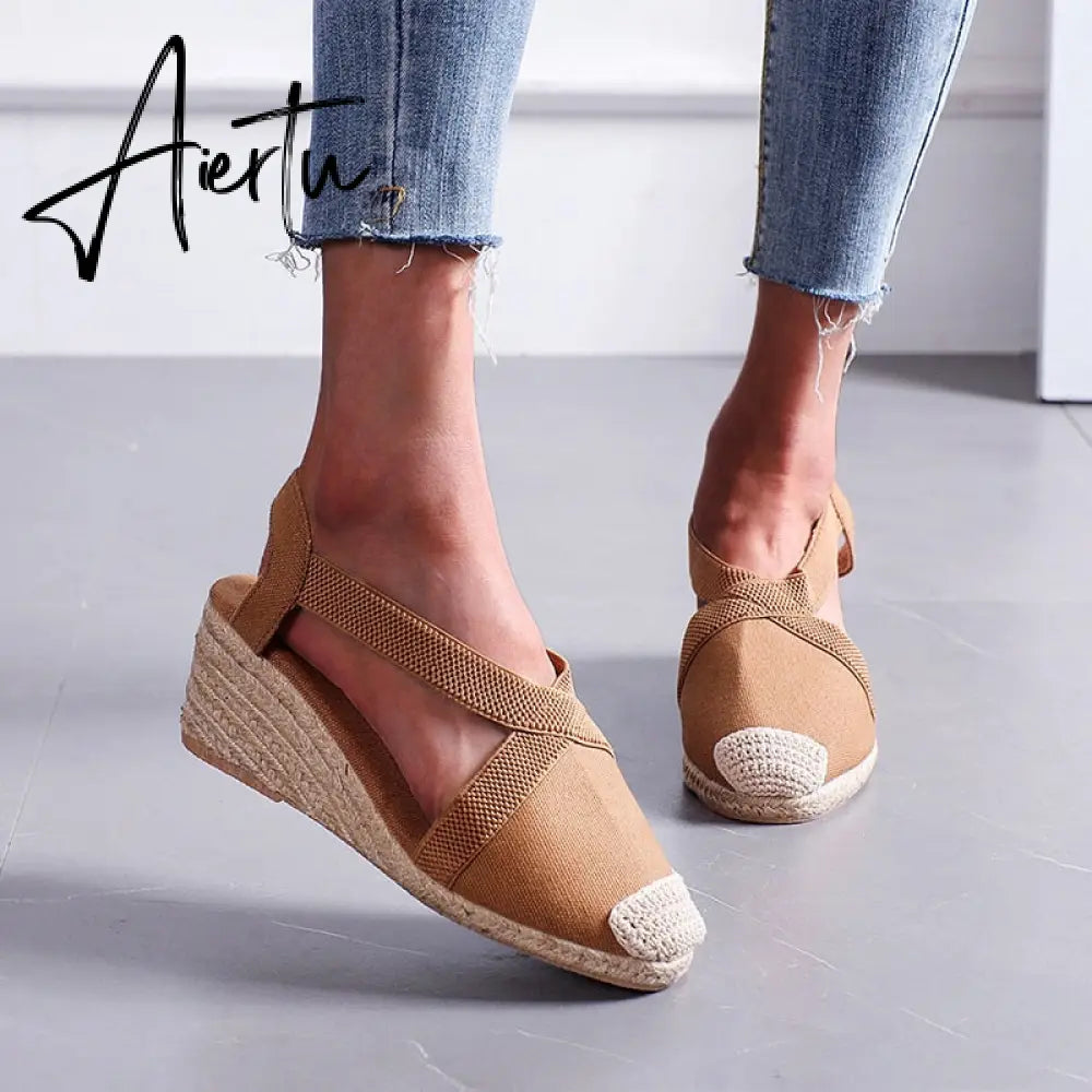 Summer Women High Wedge Heels Espadrille Soled Sandals Slippers Shoes Female Bowknot Gladiator Slingback Sandals Slippers Shoes Aiertu