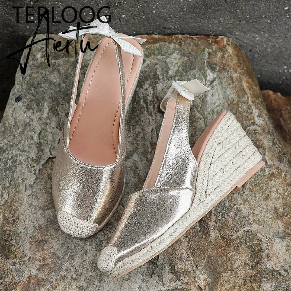 Summer Women High Wedge Heels Espadrille Soled Sandals Slippers Shoes Female Bowknot Gladiator Slingback Sandals Slippers Shoes Aiertu