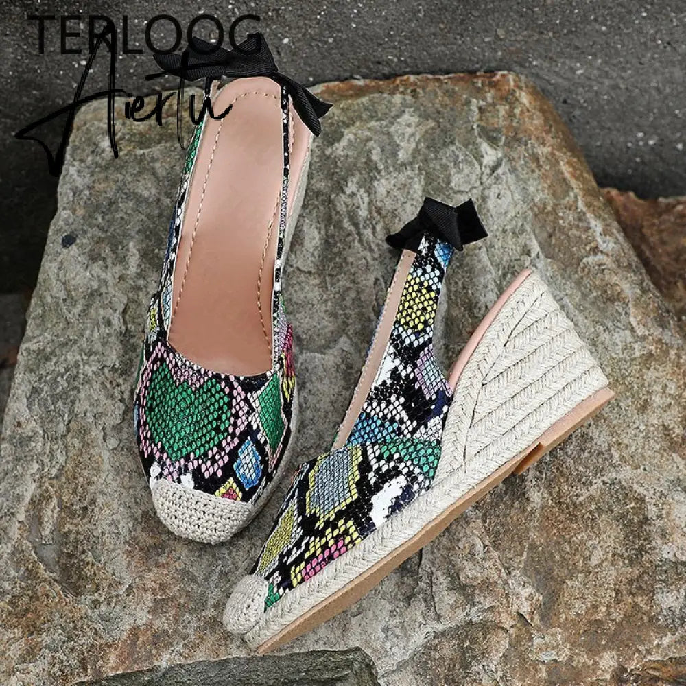 Summer Women High Wedge Heels Espadrille Soled Sandals Slippers Shoes Female Bowknot Gladiator Slingback Sandals Slippers Shoes Aiertu