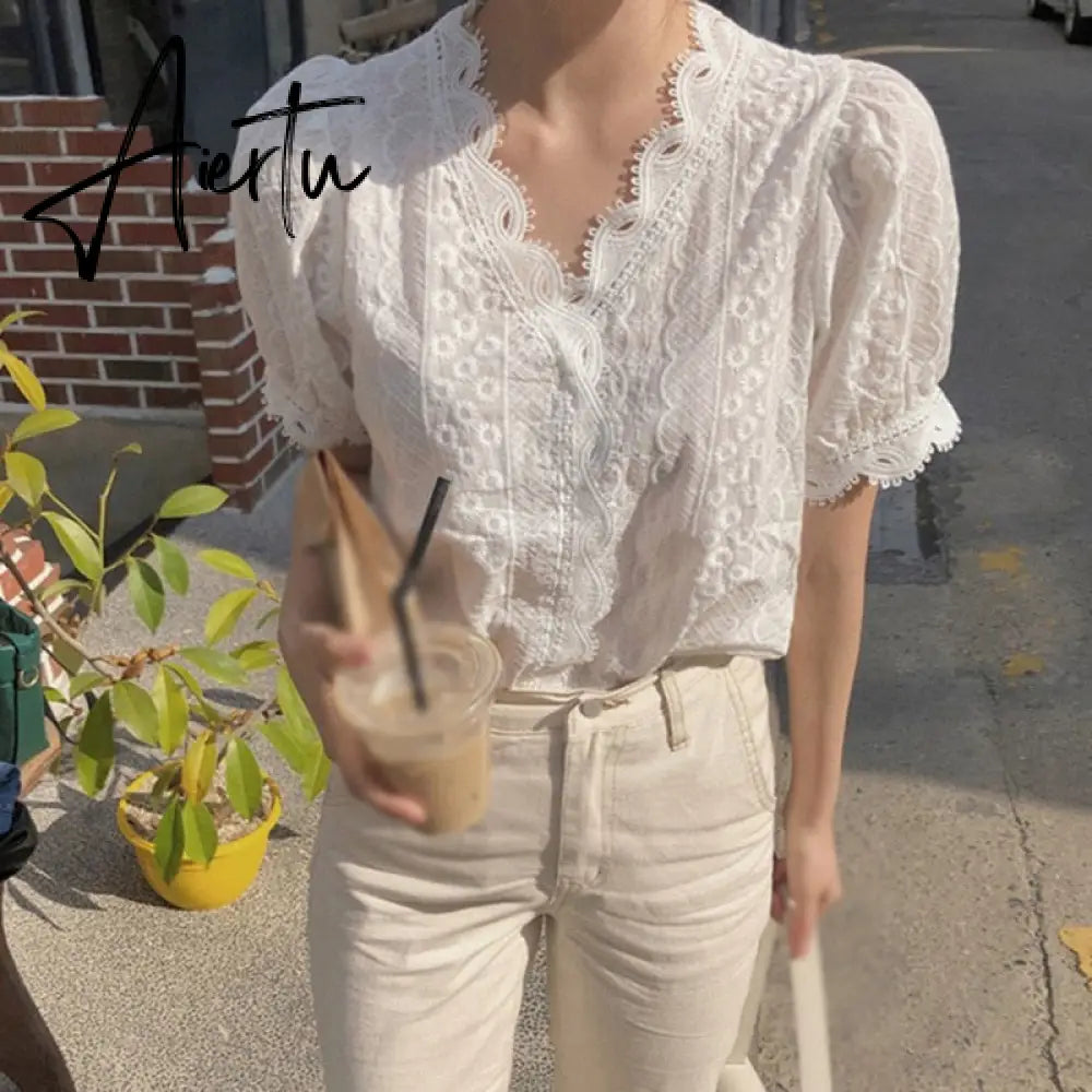 Summer Women Lace Hollow Out Blouse V-Neck Casual Short Sleeve Blouse Sweet Loose Solid Shirt Female Tops Aiertu