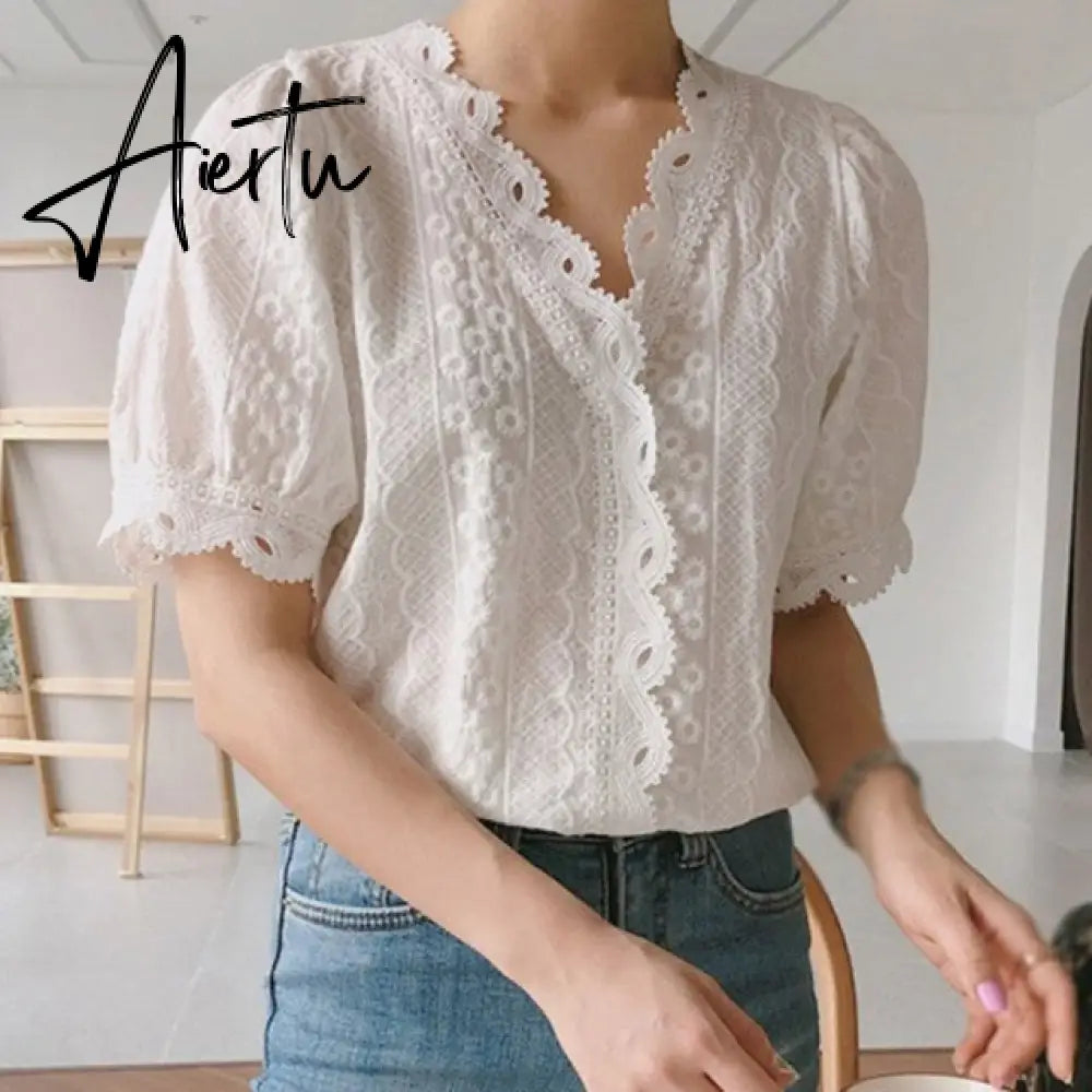Summer Women Lace Hollow Out Blouse V-Neck Casual Short Sleeve Blouse Sweet Loose Solid Shirt Female Tops Aiertu