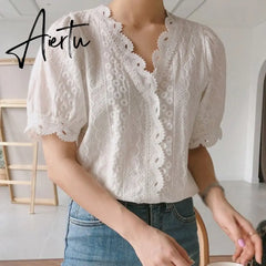 Summer Women Lace Hollow Out Blouse V-Neck Casual Short Sleeve Blouse Sweet Loose Solid Shirt Female Tops Aiertu