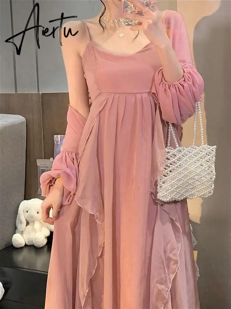 Summer Women Maxi Long Sundress Suspenders Solid Ruffls Fairy Vestidos Long Elegant Feminine Holiday Beach Romantic Dress Aiertu