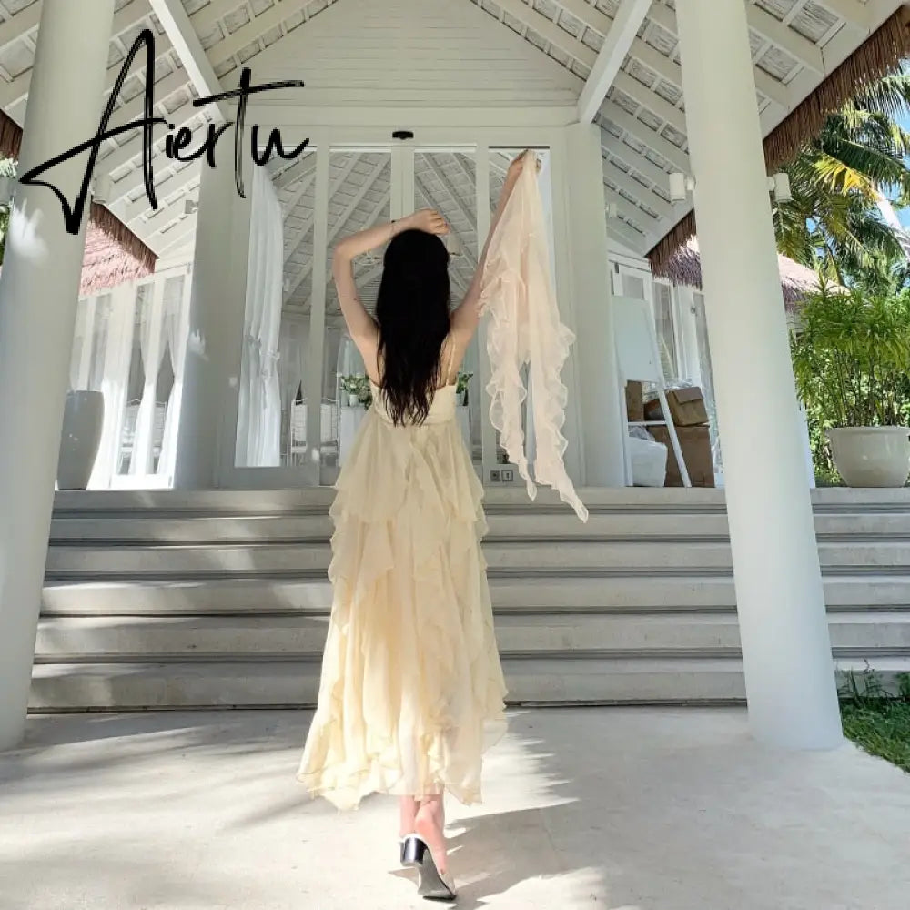 Summer Women Maxi Long Sundress Suspenders Solid Ruffls Fairy Vestidos Long Elegant Feminine Holiday Beach Romantic Dress Aiertu