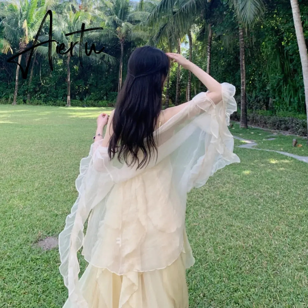Summer Women Maxi Long Sundress Suspenders Solid Ruffls Fairy Vestidos Long Elegant Feminine Holiday Beach Romantic Dress Aiertu