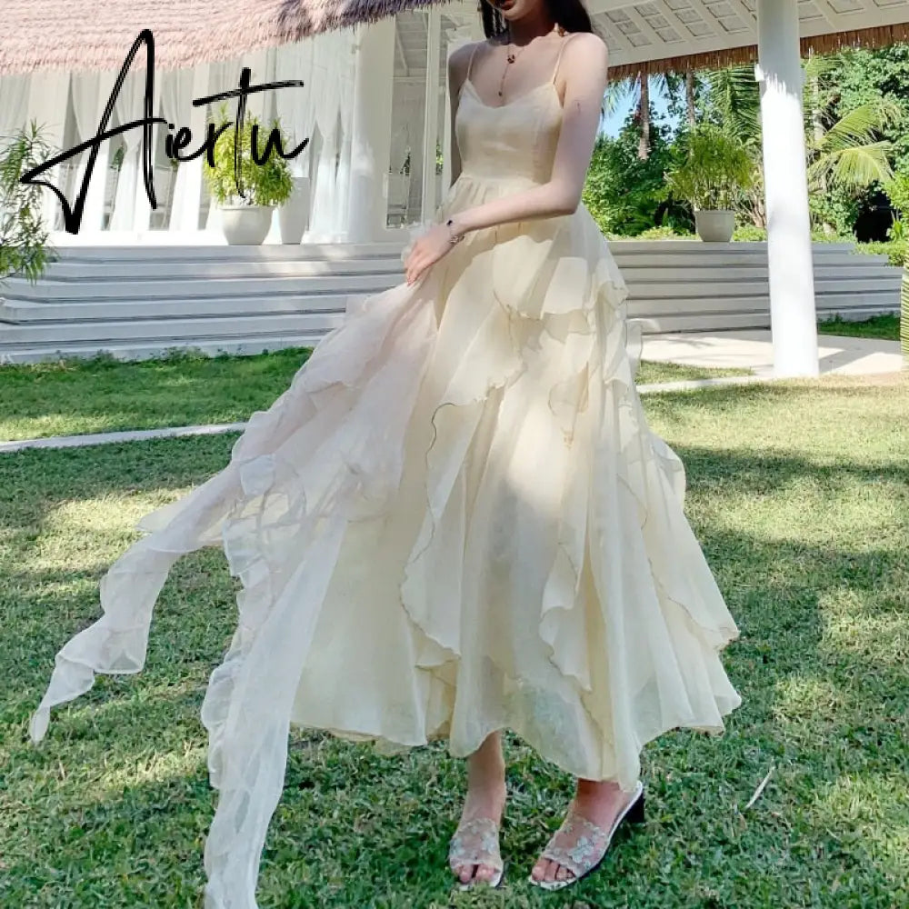Summer Women Maxi Long Sundress Suspenders Solid Ruffls Fairy Vestidos Long Elegant Feminine Holiday Beach Romantic Dress Aiertu