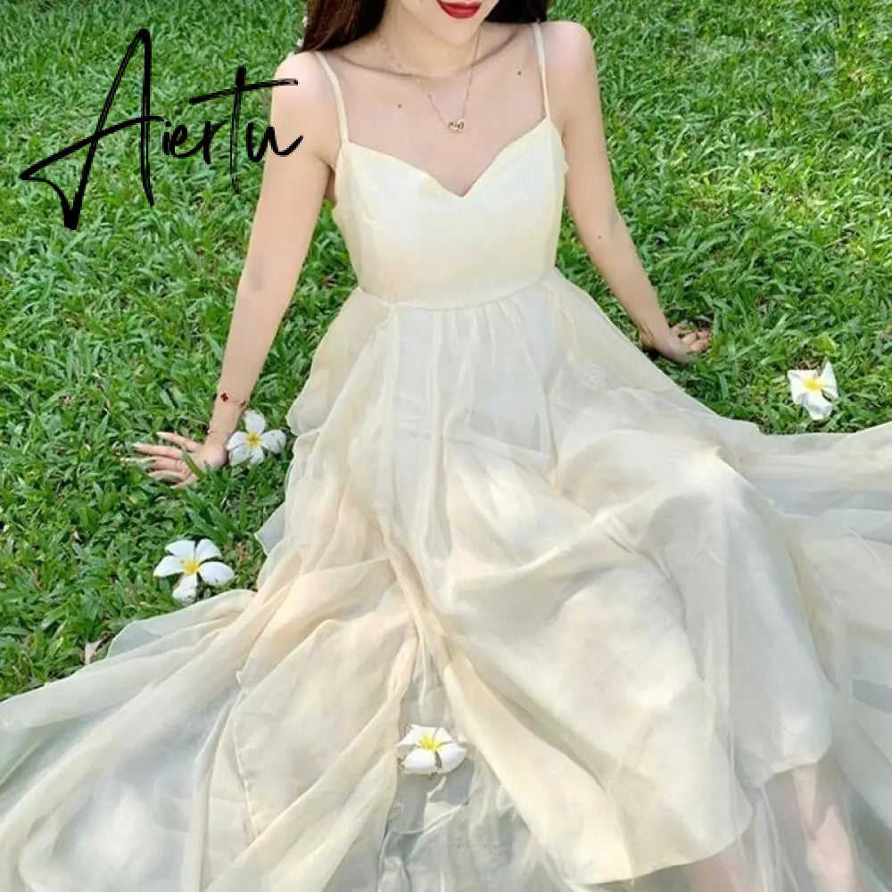 Summer Women Maxi Long Sundress Suspenders Solid Ruffls Fairy Vestidos Long Elegant Feminine Holiday Beach Romantic Dress Aiertu