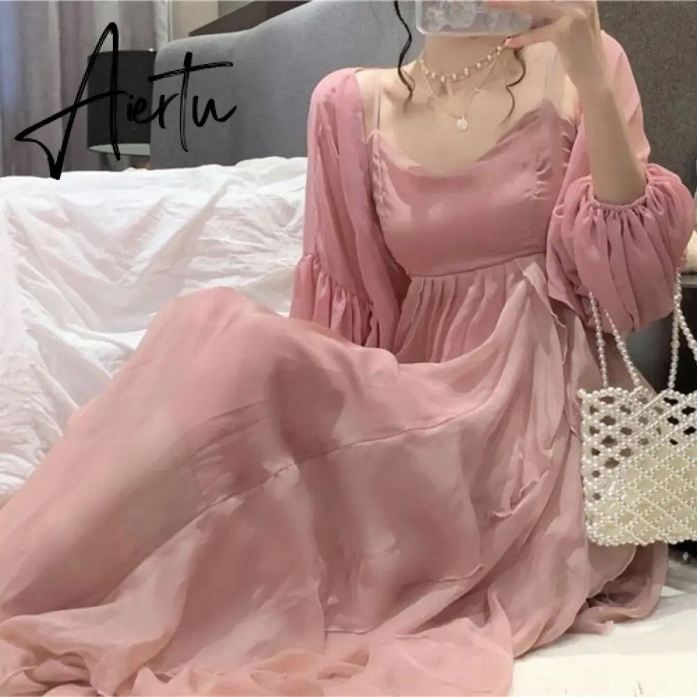 Summer Women Maxi Long Sundress Suspenders Solid Ruffls Fairy Vestidos Long Elegant Feminine Holiday Beach Romantic Dress Aiertu