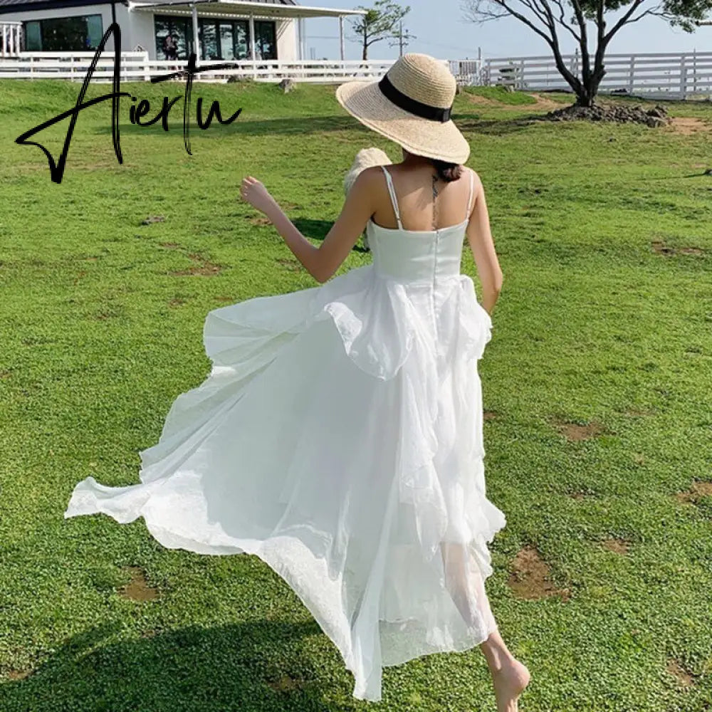 Summer Women Maxi Long Sundress Suspenders Solid Ruffls Fairy Vestidos Long Elegant Feminine Holiday Beach Romantic Dress Aiertu