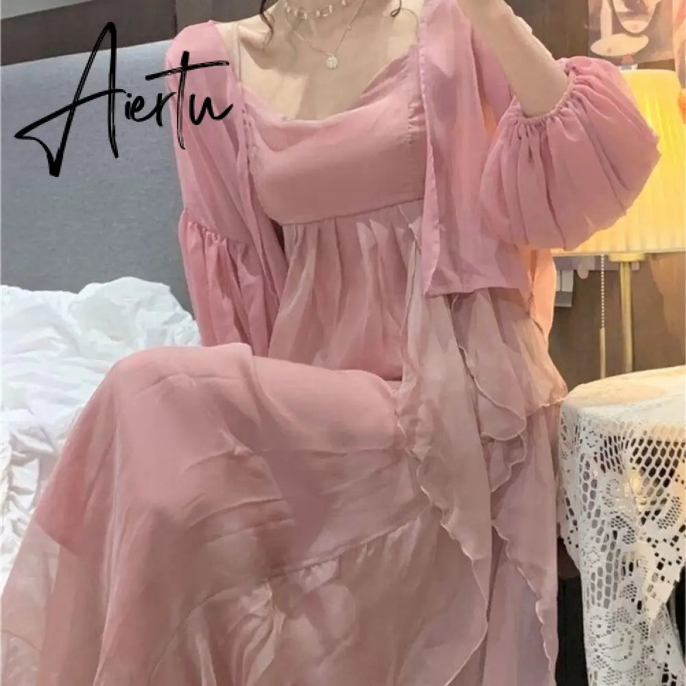 Summer Women Maxi Long Sundress Suspenders Solid Ruffls Fairy Vestidos Long Elegant Feminine Holiday Beach Romantic Dress Aiertu