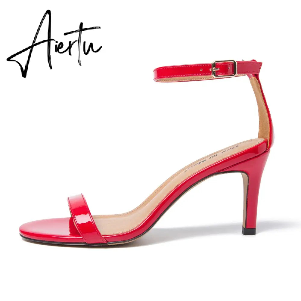 Summer Women Pumps Sexy 13cm Super Thin Heels Round Toe Patent Leather Narrow Band Concise Party Prom High Heeled Sandals Aiertu