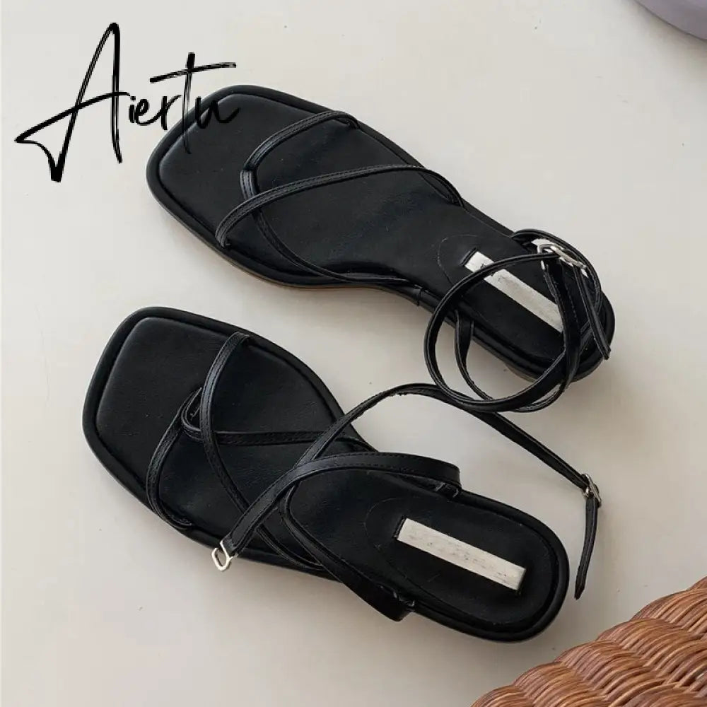 Summer Women Sandal Shoes Low Round Heel Narrow Band Gladiator Casual Sandal Ladies Casual Outdoor Beach Slides Aiertu